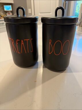 Rae Dunn Black Halloween Canisters with Orange Lettering - 'TREATS' & 'BOO'